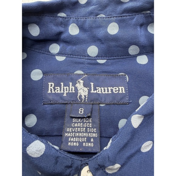 Ralph Lauren Shirt Womens 8 Blue Polka Dot 100% Silk Button Up Long Sleeve - Picture 7 of 14